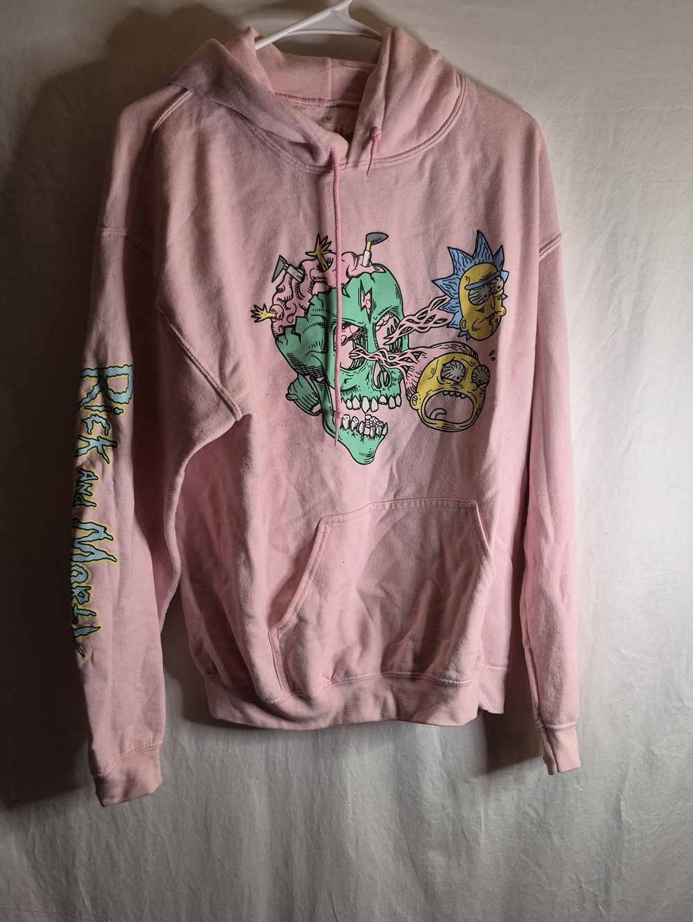 Rick and Morty Pink Pullover Hoodie with Colorful Skull Artwork